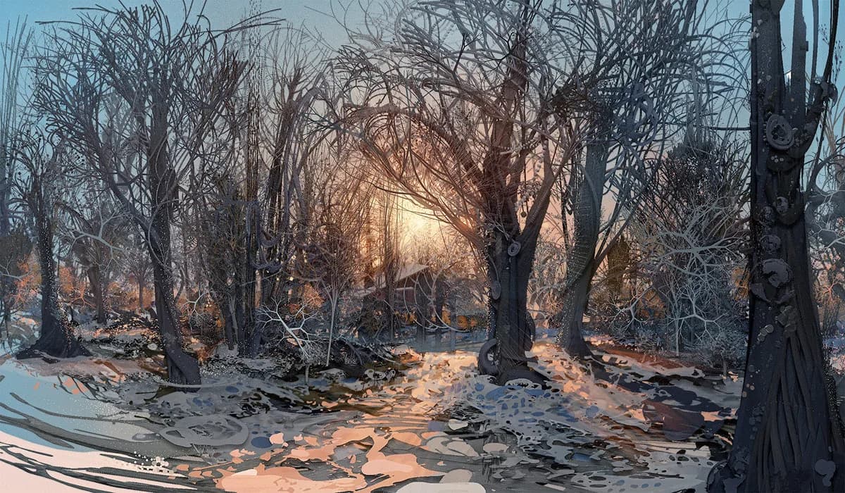An expressionistic landscape painting depicts a winter scene with bare trees, snow, and a cabin bathed in sunset light.