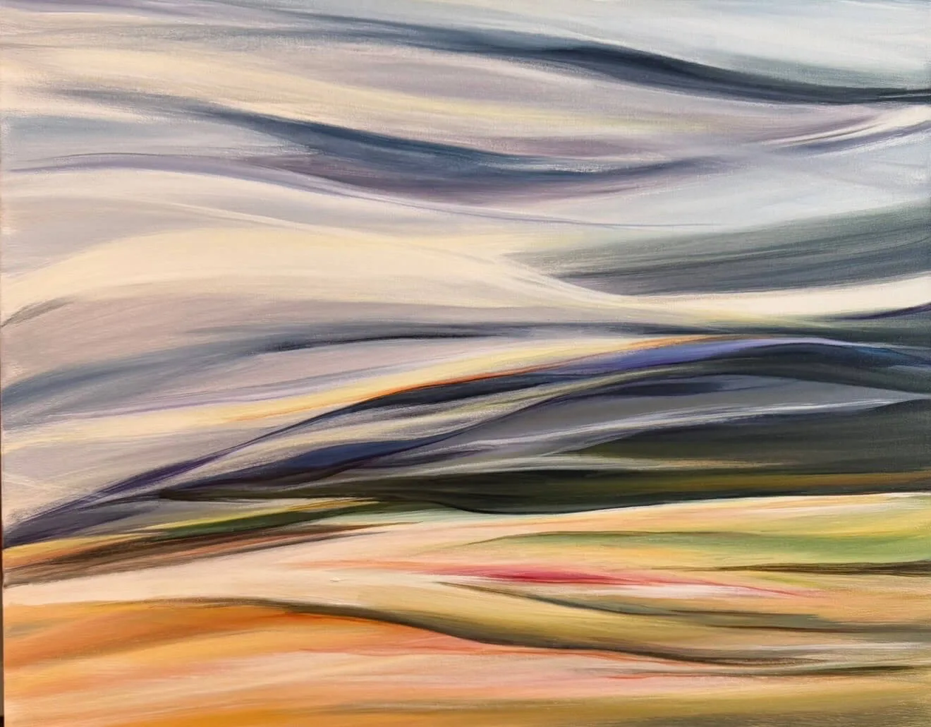 An abstract landscape painting in Oil & Acrylic features rolling hills in soft amber and shadow tones.
