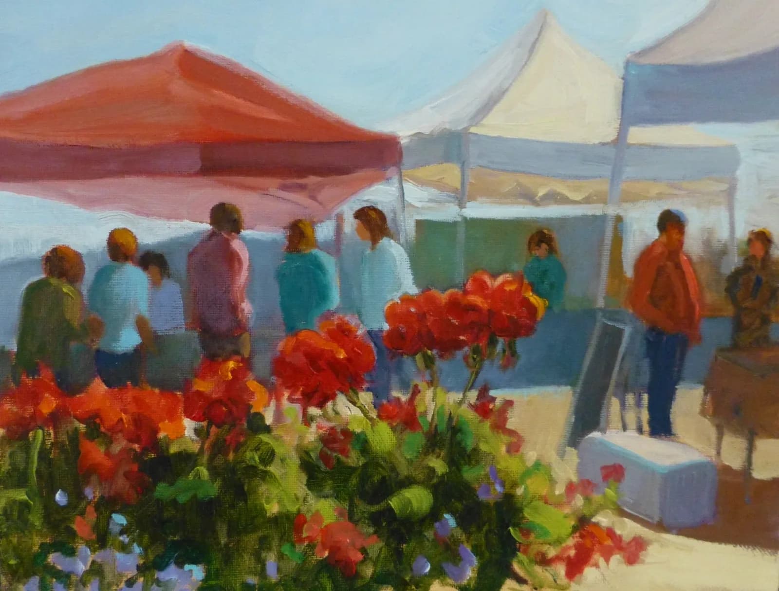 An impressionistic oil painting depicts a vibrant outdoor market scene with red flowers in the foreground and people browsing stalls under awnings.