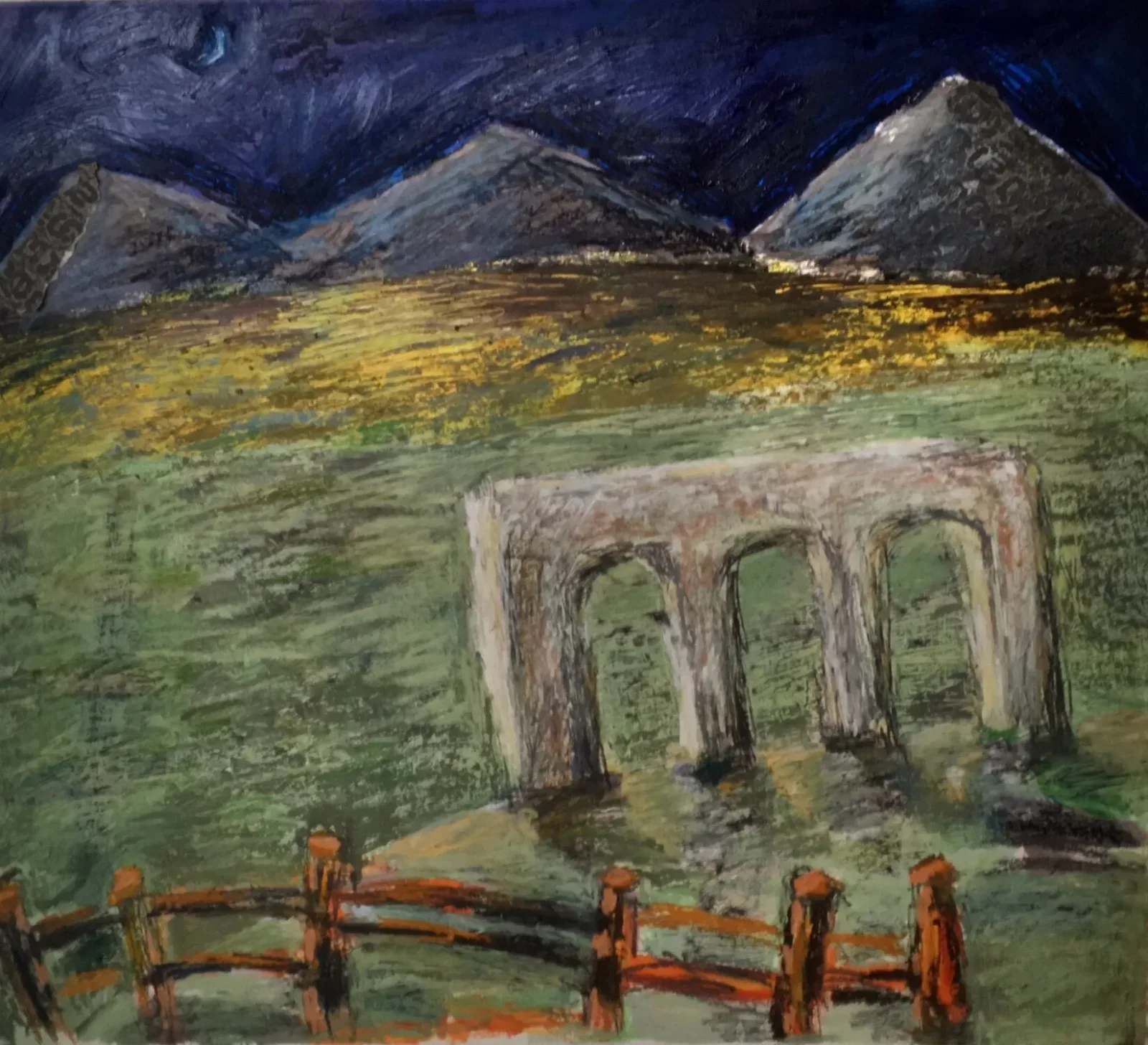 An impressionistic pastel drawing depicts ruins against a mountainous landscape under a dark night sky.