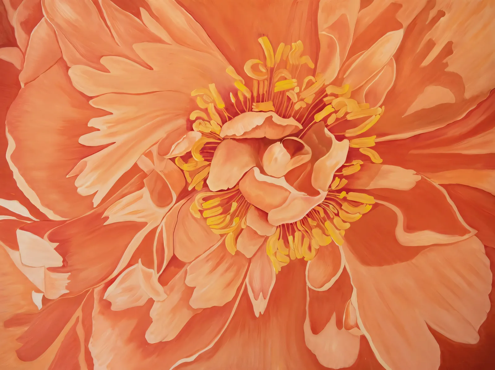 A close-up painting of an orange peony in shades of Flame Pea and Prairie Sand.