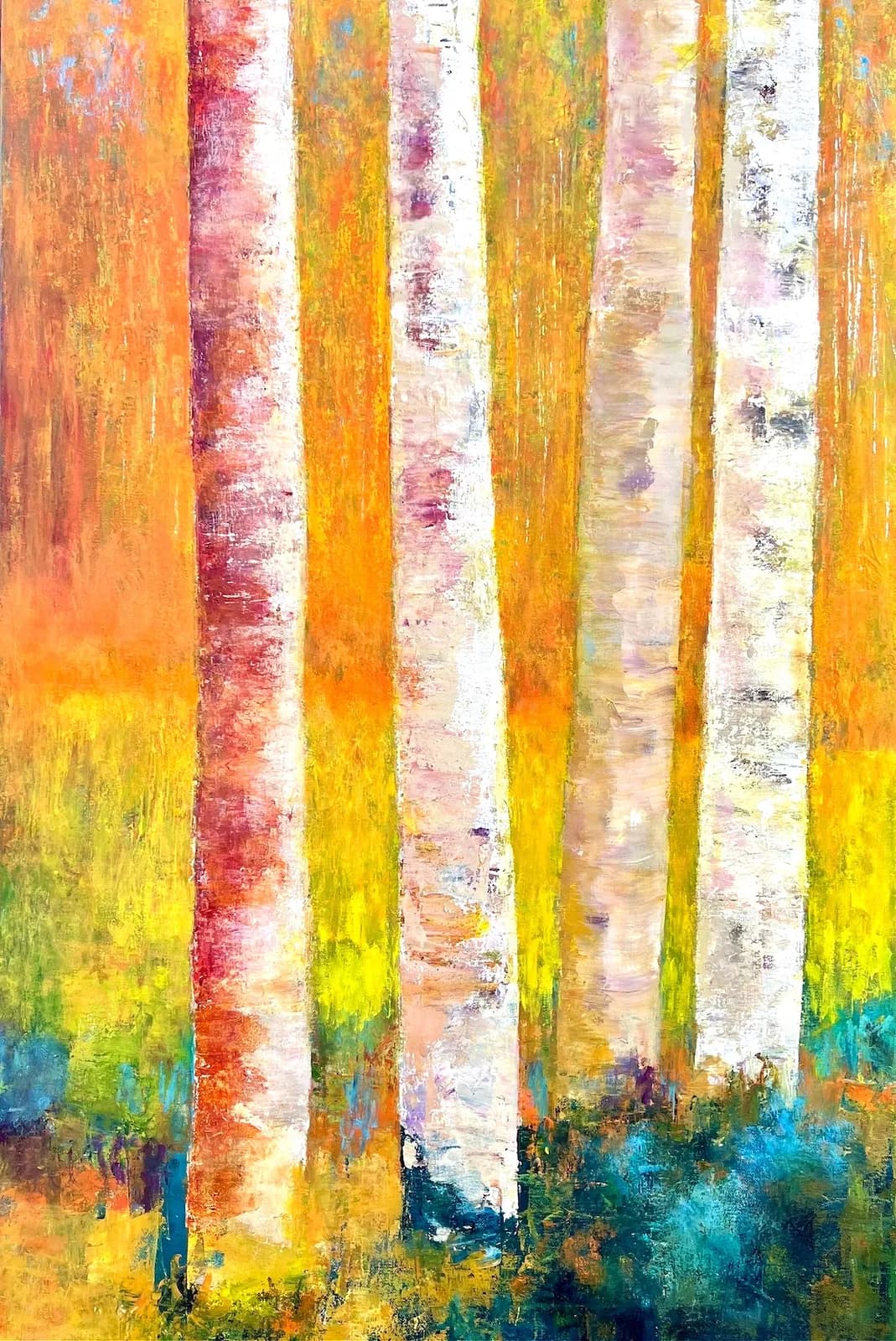 An impressionistic oil painting depicts birch trees in autumn with vibrant golden and orange hues.