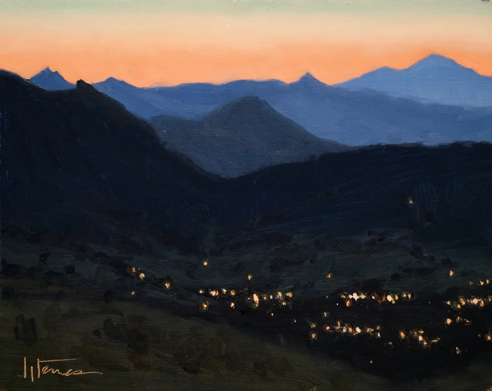 An impressionistic oil painting captures a mountain landscape at dusk with distant city lights glowing.