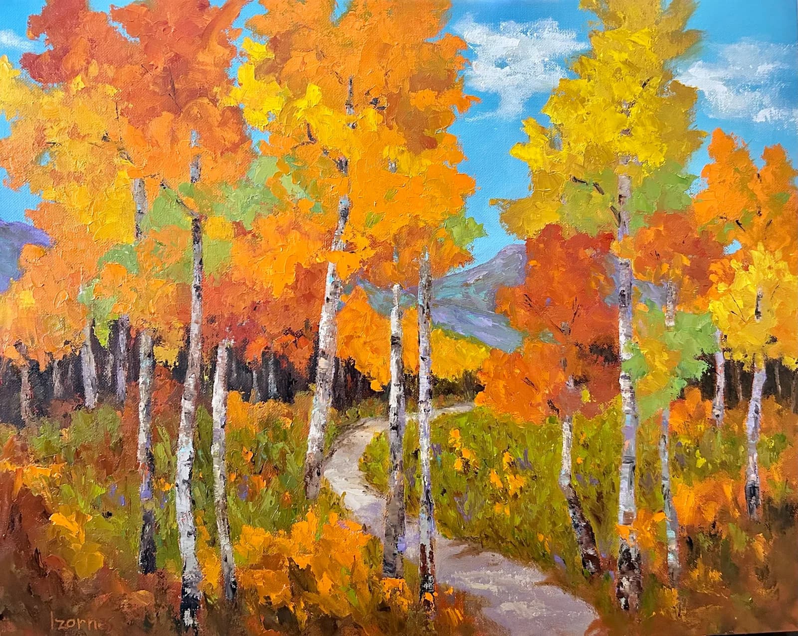 An impressionistic oil painting depicts a winding path through aspen trees in vibrant autumn colors under a bright blue sky.