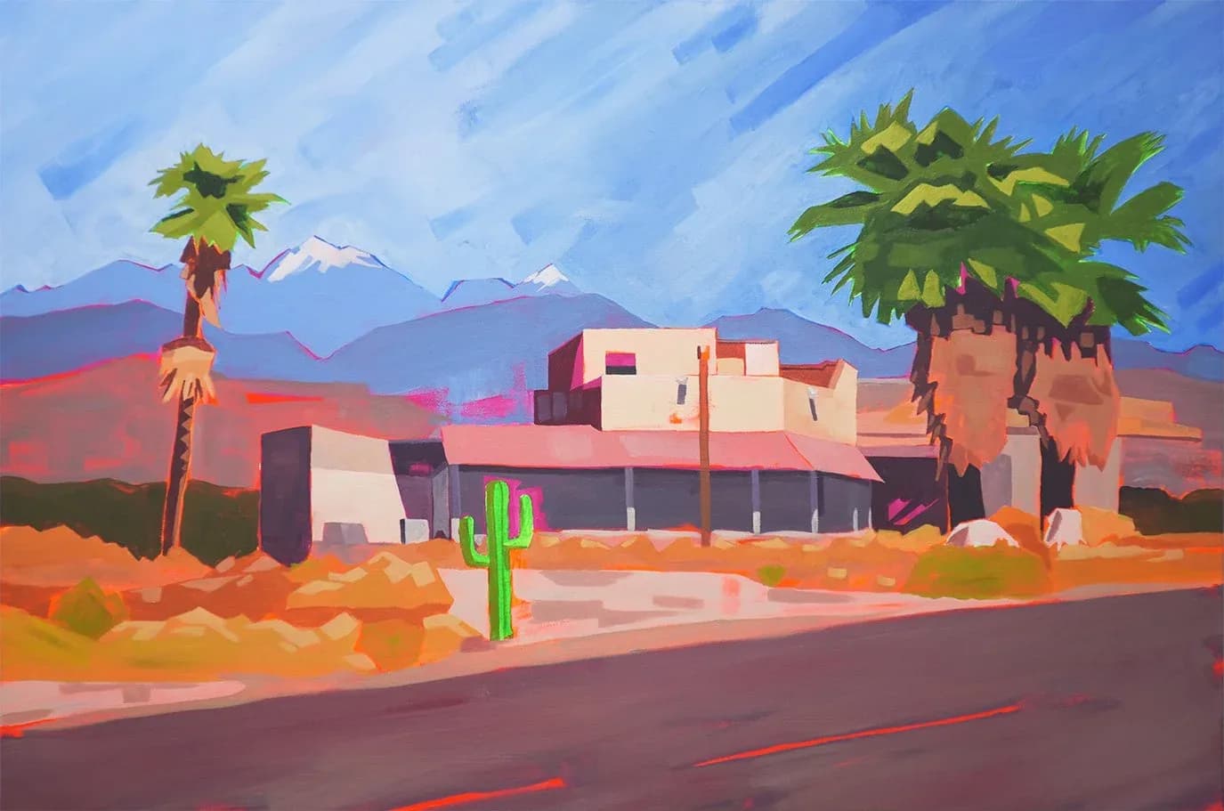 A vibrant desert landscape painting features buildings, palm trees, and a cactus under a bright blue sky.